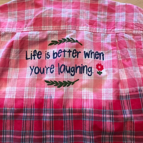 Bleached Plaid Upcycled Shirt: Plus Size Western Top with Inspirational Quote - Picture 3 of 11